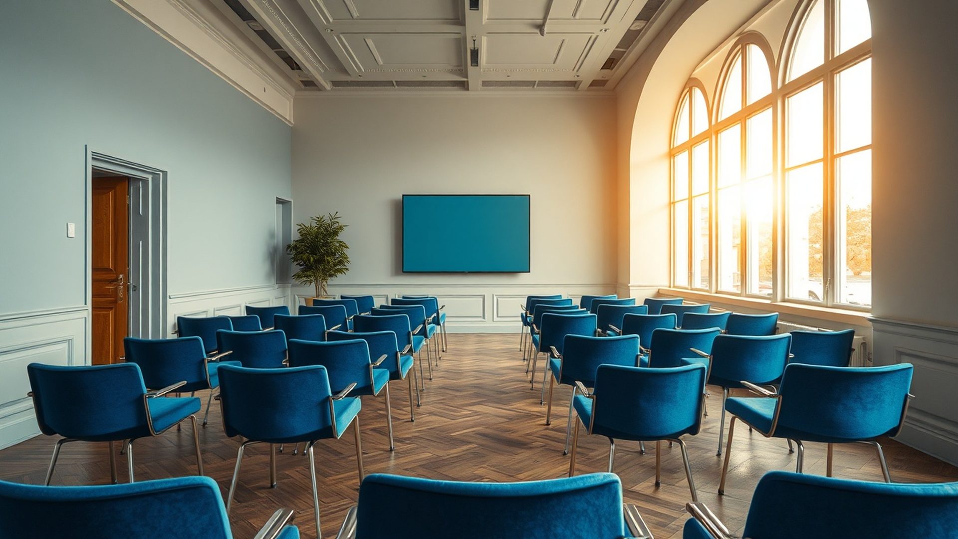 Wnętrze krakowskiej kancelarii Mały Atelier z akcentami azurytu i światłem popołudniowym